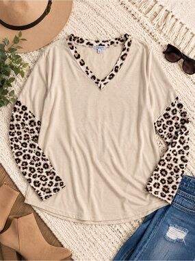 Leopard Print Color Block V Neck Long Sleeve Top Beige Plus Size 3X